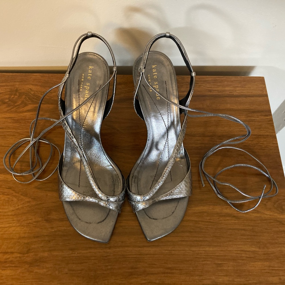 Kate Spade Ignite 3.25” hight heel in hematite. Wrap around ankle laces.
